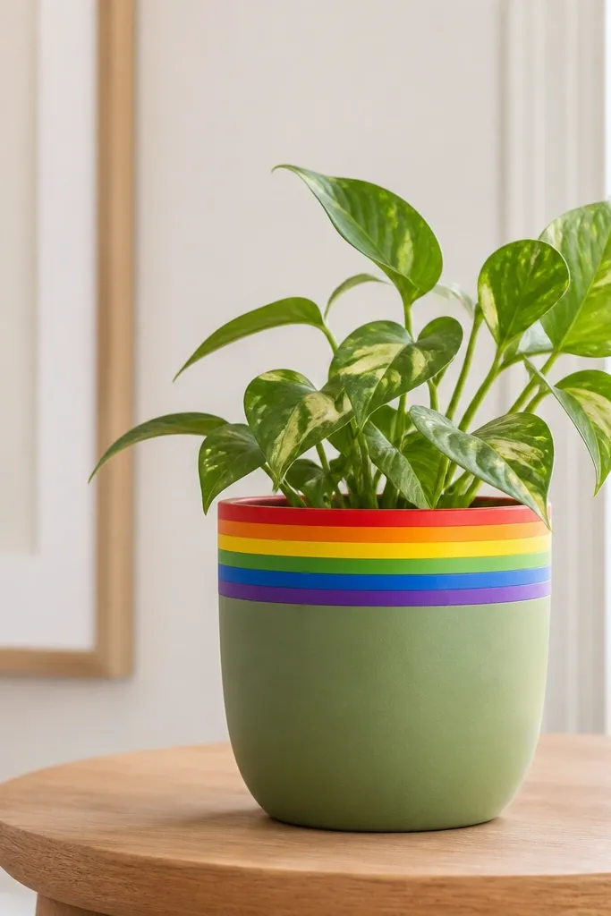 A solid sage-green pot with a bright rainbow band around the top rim: red, orange, yellow, green, blue, purple stripes stacked.