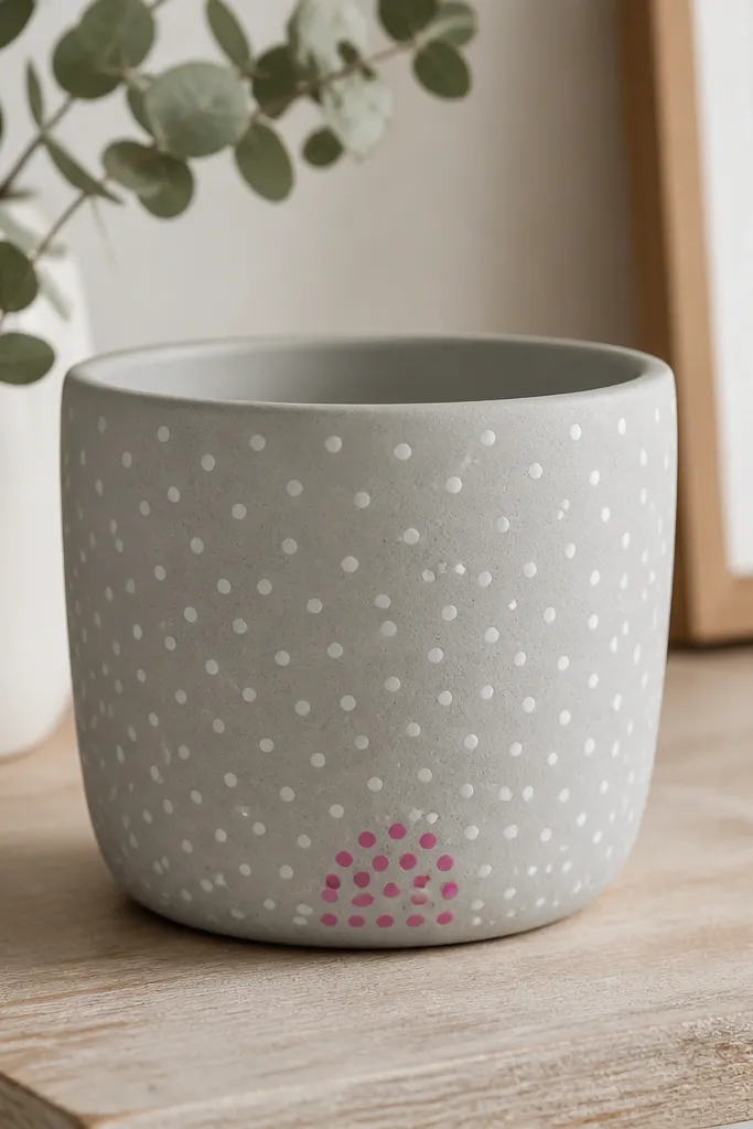 A matte light gray pot covered in small white dots, with a single cluster of hot pink dots near the bottom.