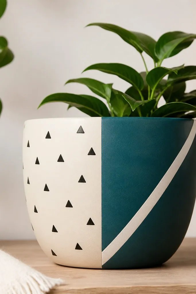 A pot split vertically: one half painted cream with small black triangles, the other half painted teal with a white diagonal stripe.