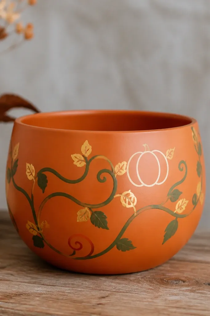 An orange-brown pot with painted green vines wrapping around the sides, small yellow leaves, and a simple white pumpkin outline near the top.