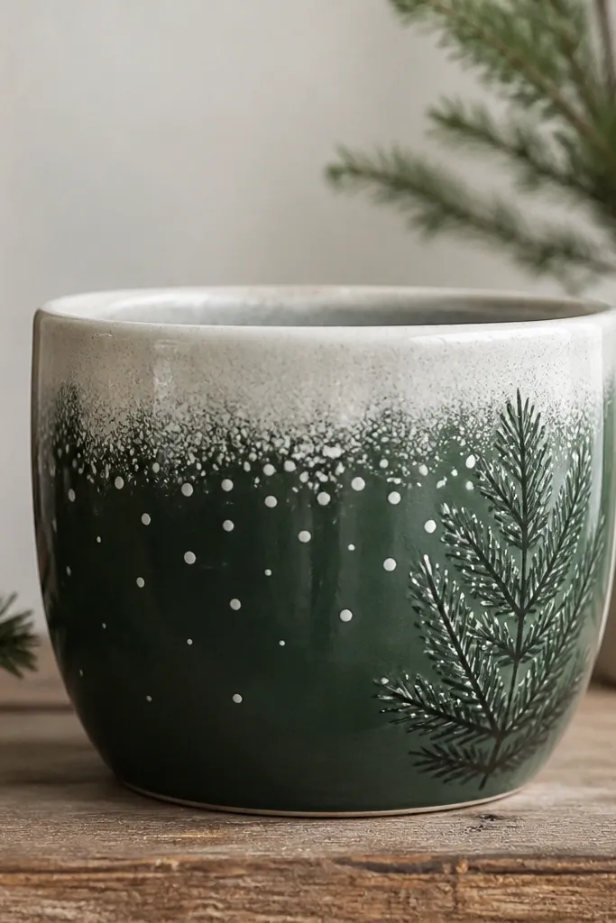 A deep forest-green pot with a top band that fades into off-white 'snow' and scattered white dots like falling snow, plus a pine bough silhouette on one side.