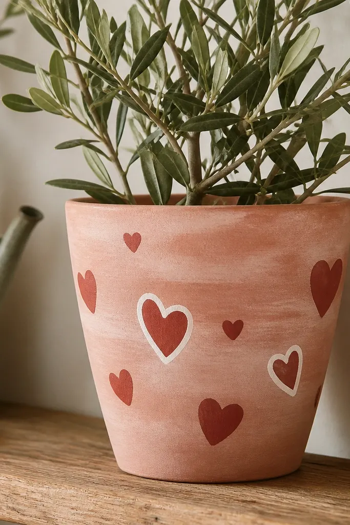 A warm terracotta pot painted with a faded blush wash and scattered red hearts of different sizes, with two hearts outlined in white.