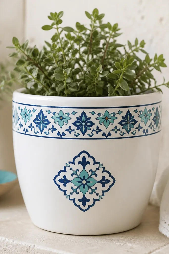 A white pot with a repeating turquoise and navy tile-style border around the top and a single larger tile motif centered on the front.