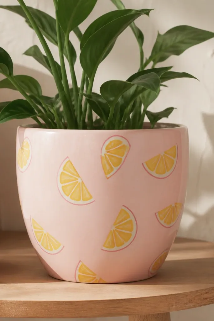 A pale pink pot with hand-painted yellow citrus slice half-moons, each slice outlined in a thin darker pink line.