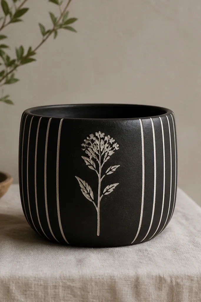 A black pot with white vertical stripes, and a single botanical stamp image on the front painted in off-white.