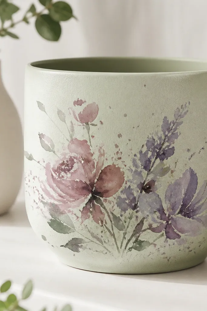 A soft sage-green pot with watercolor-style flowers in dusty rose and lavender, with light splatter around them.
