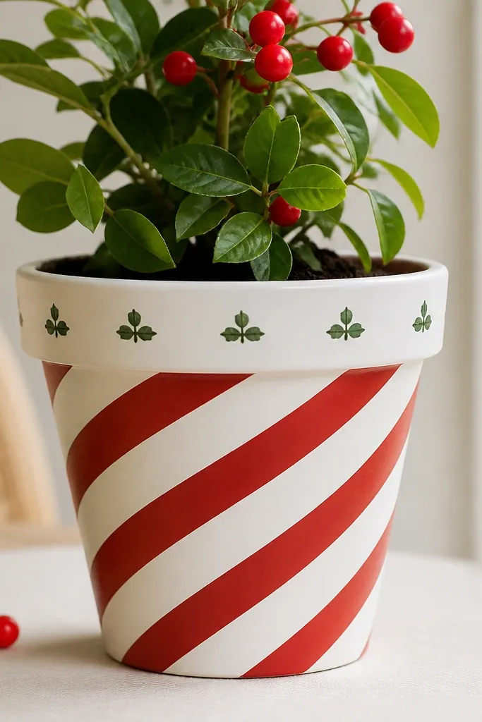 A white pot painted with red diagonal candy-cane bands spiraling around it, plus small green holly dots near the top.
