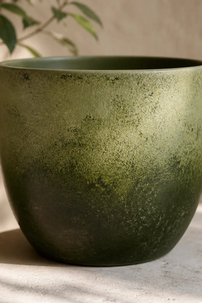 A pot with a gradient from dark green at the bottom to light moss green near the top, with rough dry-brushed speckles like moss.