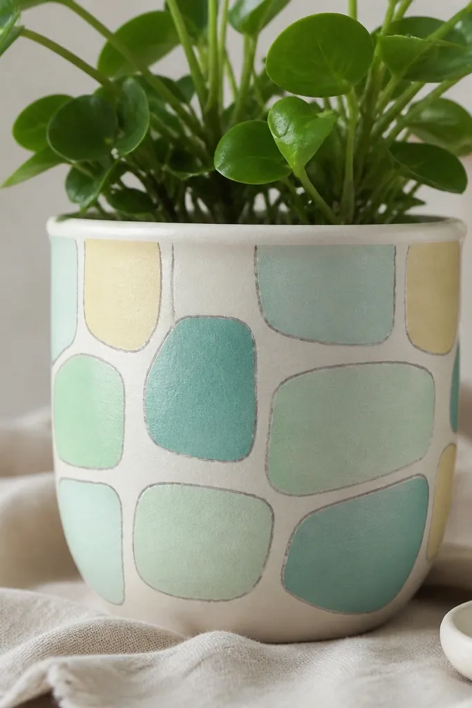 A pale off-white pot with irregular sea-glass colored blocks in aqua, seafoam, and pale yellow, outlined with a thin gray line.