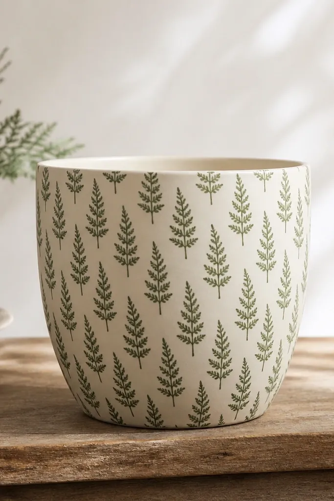 A light beige pot with a repeating stencil pattern of small fern fronds in dark green across the entire surface.