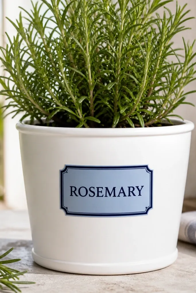 A white pot with a small centered nameplate panel in light blue, bordered in navy, with the word 'ROSEMARY' painted in dark navy.
