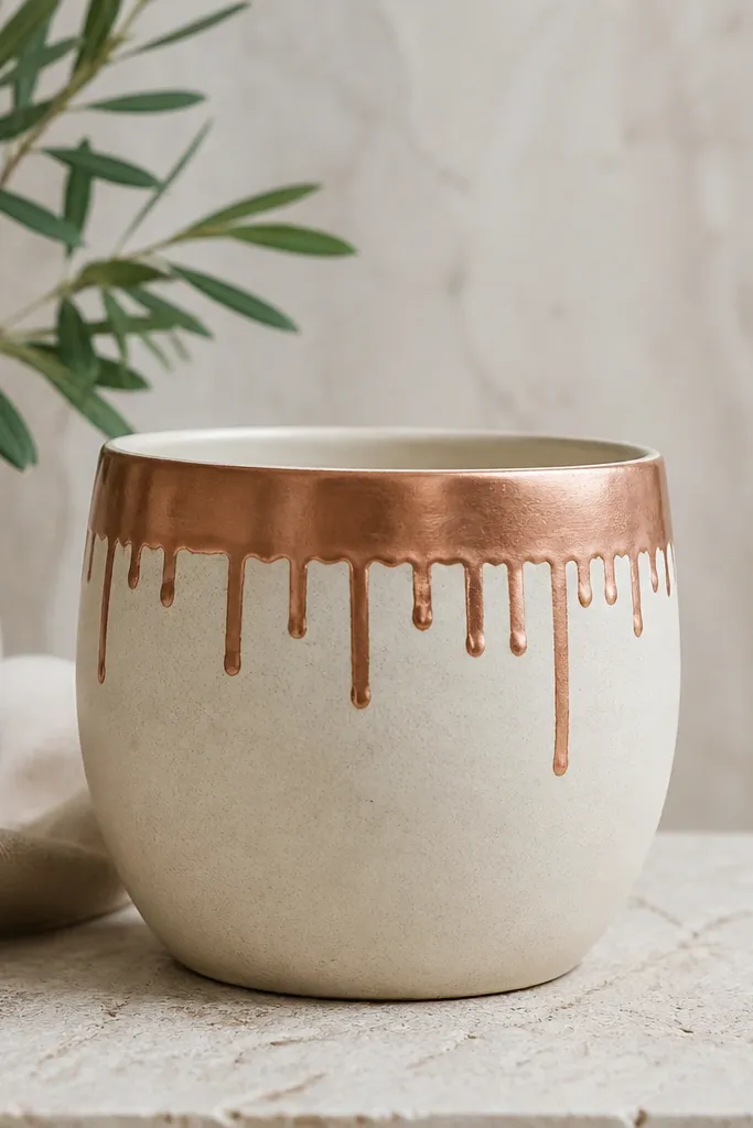 A cream pot with a metallic copper band across the top and short copper drips falling down in uneven lengths.