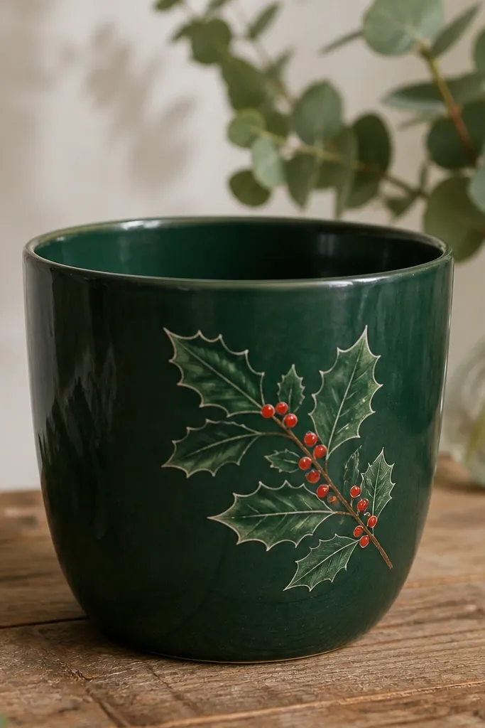 A deep green pot with a single painted holly branch on one side, featuring dark green leaves, red berry dots, and a thin white highlight line on each leaf edge.