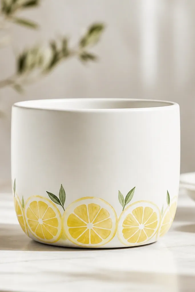 A white pot with a thin lemon slice border painted around the bottom edge, showing yellow circles with white rind lines and tiny green leaf tips.