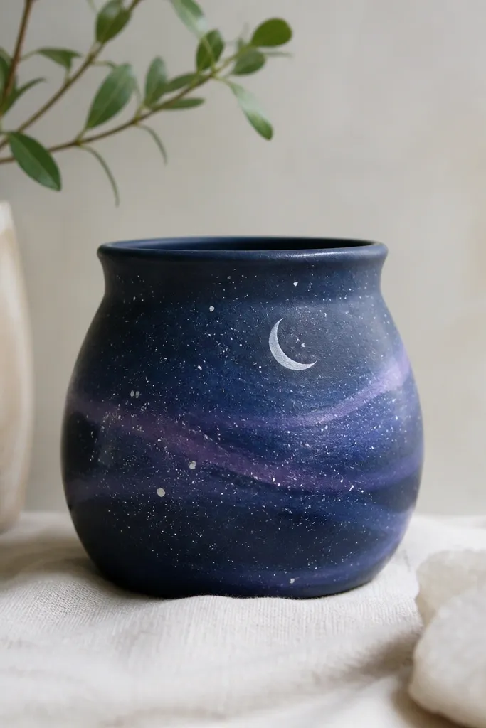 A dark navy pot with a soft purple swirl near the middle and white star splatters, plus a small crescent moon painted in pale silver.