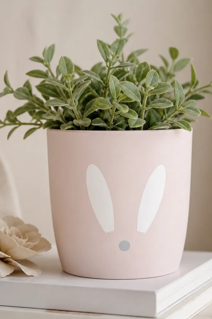A pale pink pot with two simple white bunny ear shapes on the front and a small gray nose dot below them.