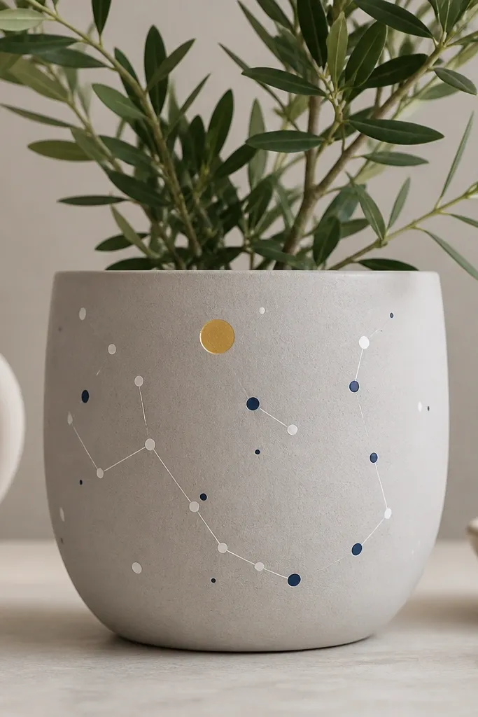 A light gray pot with scattered navy and white dots connected by thin lines like constellations, plus one larger gold dot near the top.