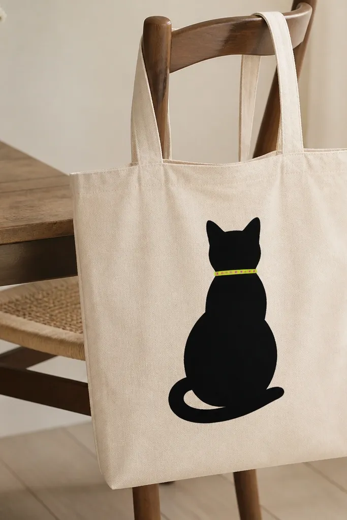 A black cat silhouette centered on a tote. The cat has a small neon-green collar ring with tiny pink dots, and the rest of the cat is solid matte black.