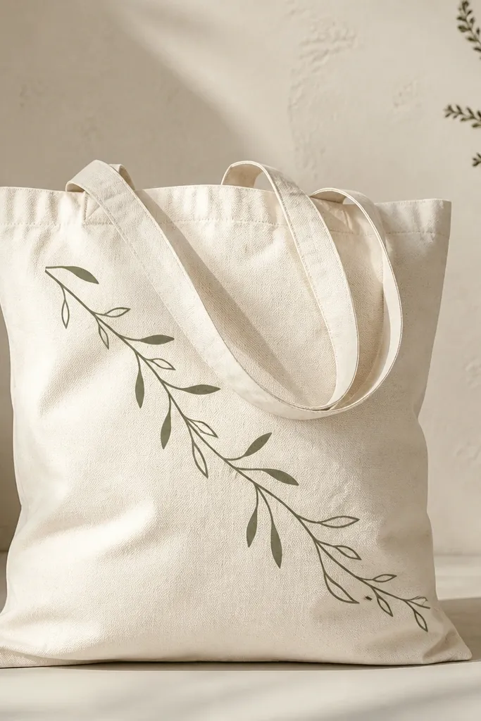 A tote with a single diagonal sprig in sage green. Thin stems run down from the top left to the bottom right, with small leaf shapes drawn in one stroke and a few negative-space gaps.