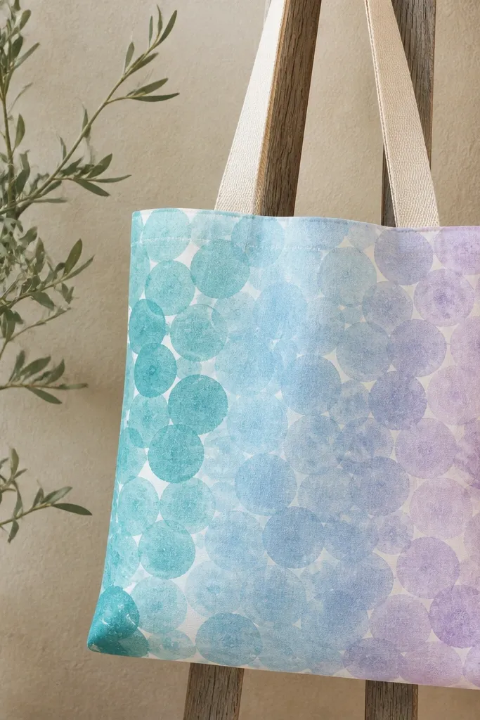 A tote covered in overlapping circles. Colors fade from teal to sky blue to soft lavender, created by a sponge stamping pattern with visible circle edges.