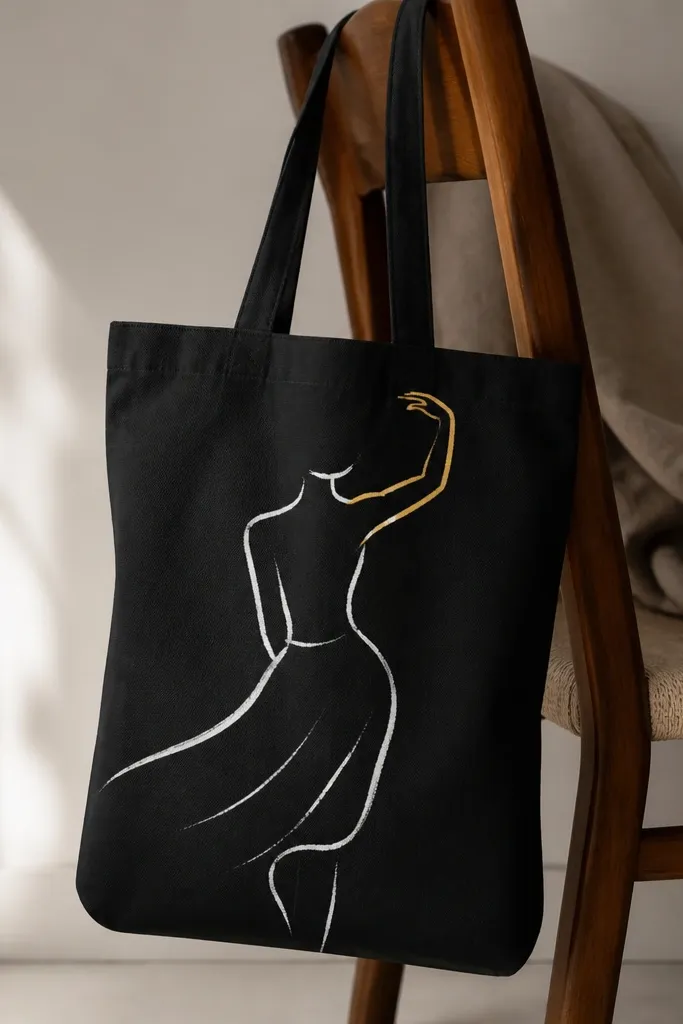 A tote with a simple dancer outline in bright white paint. The figure is shown from shoulders to knees, with a flowing skirt shape and one curved arm highlighted by a thin gold line.