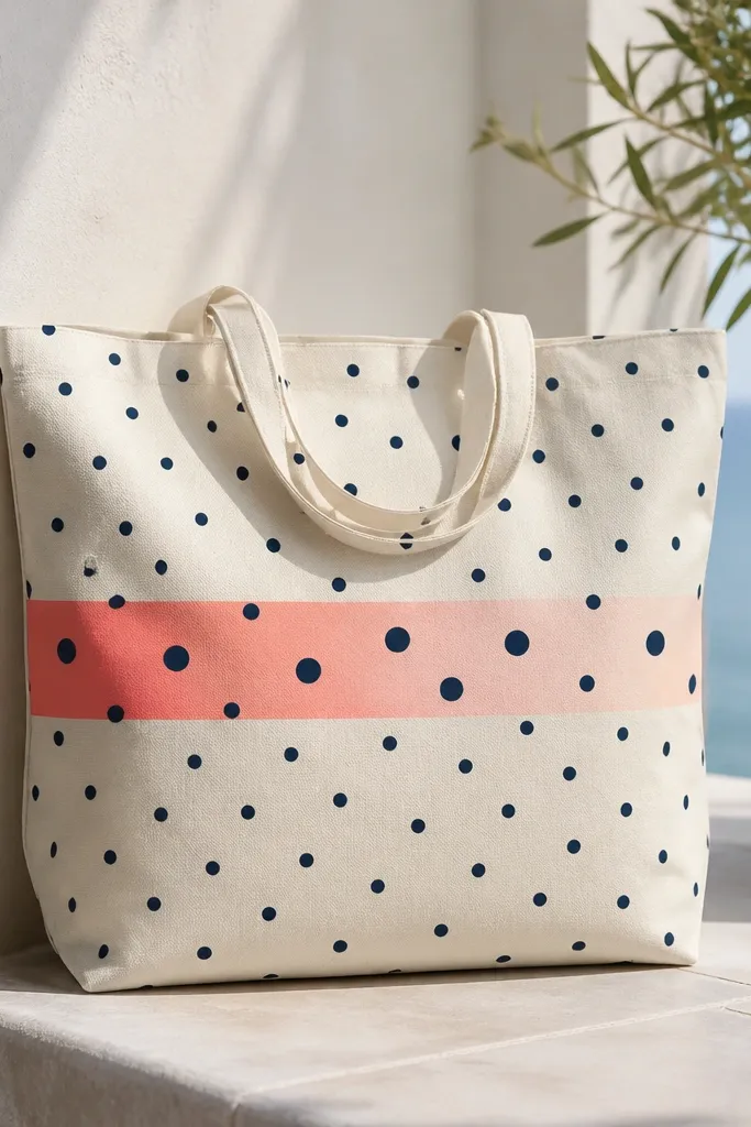 A tote with evenly spaced navy polka dots. Across the center runs a horizontal gradient stripe that fades from coral to blush, with a few dots slightly larger on the stripe.