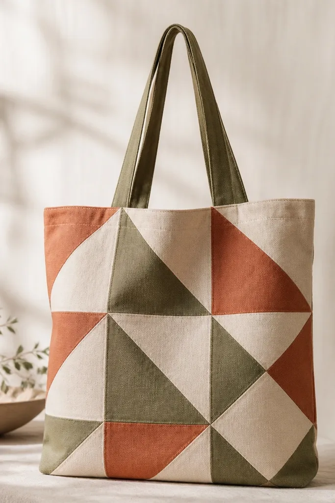 A tote with a patchwork of triangles. Colors are terracotta, dusty olive, and cream, arranged in a diagonal pattern with crisp tape edges.