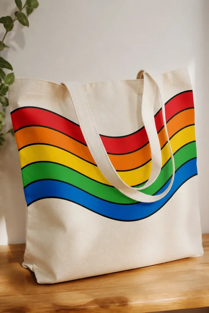 A tote with a wavy rainbow across the top half. Each rainbow band has a thick black outline, with colors from red through orange, yellow, green, and blue.