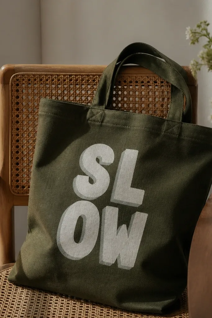 A tote with the word 'SLOW' centered in stacked block letters. The letters are painted in off-white with a thin shadow in light gray behind each letter layer.