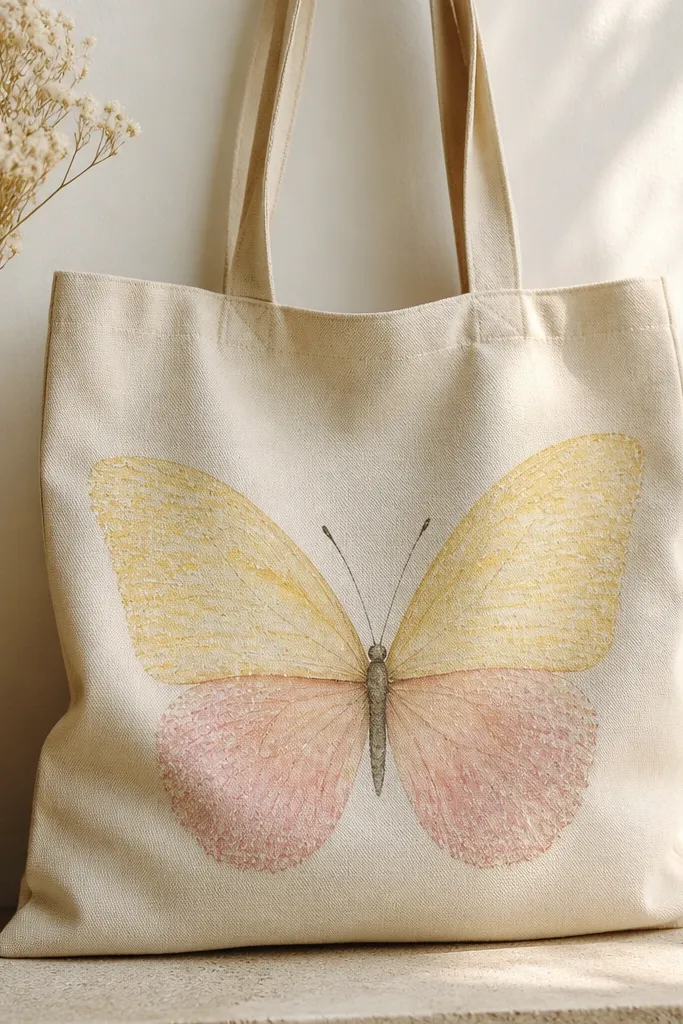 A tote with a large butterfly centered. The wings are painted in pale yellow and light pink, and there's a speckled texture across the wings like tiny crystals from salt.