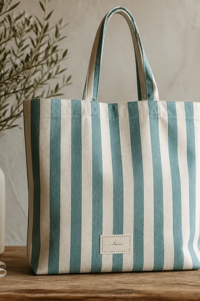 A tote with vertical stripes in teal and white. Near the bottom center is a small rectangle label with handwritten-style text and a tiny dot pattern border.