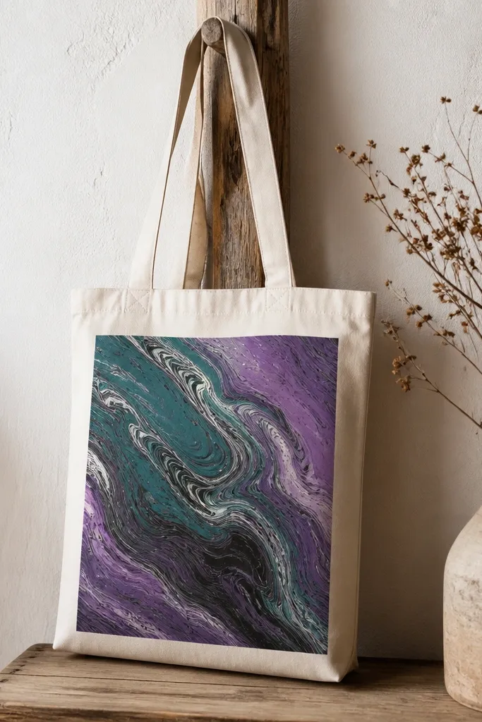 A tote with a marbled panel on one side. Colors swirl like oil slick: teal, purple, and black with thin white veins, all contained in a rough rectangle.