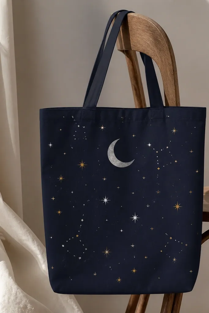 A tote in navy print style. A crescent moon sits near the top center in soft gray, surrounded by small stars in gold and white, with a few dot clusters like constellations.