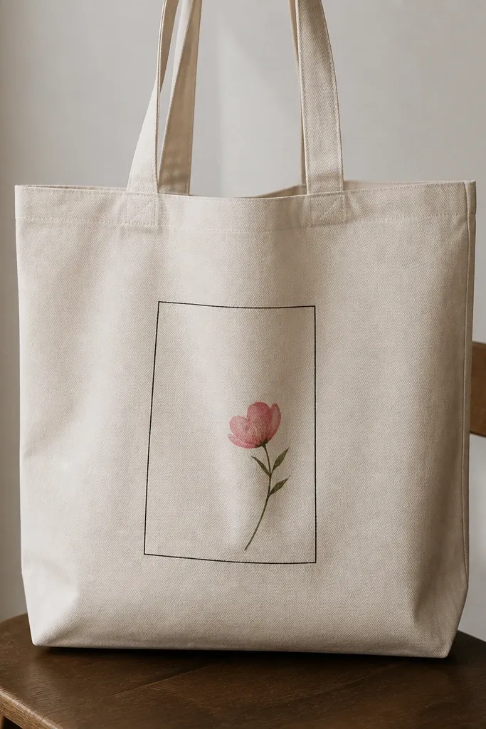 A tote with a thin rectangular frame drawn in black. Inside the frame is one small flower painted in pink with a green stem, sitting slightly off-center.