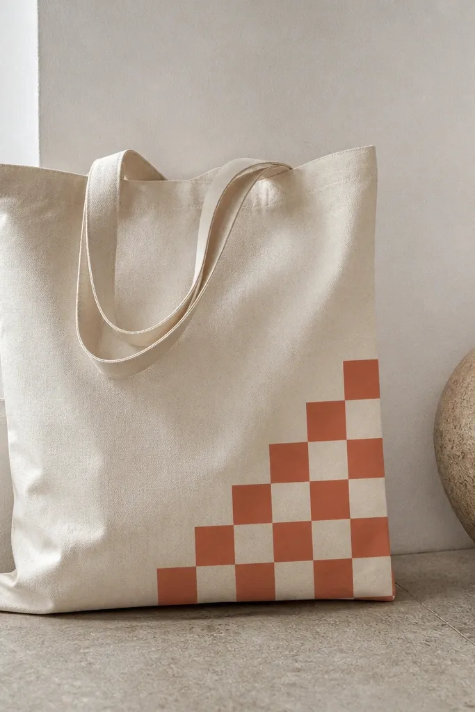 A tote with a checkerboard pattern only in the bottom right corner. Squares alternate between cream and terracotta, with a clean straight edge at the corner.