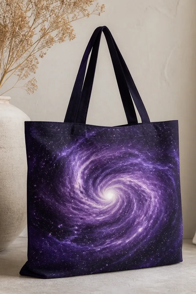 A tote with a galaxy swirl around a central point. Deep purple and black form the base, with lighter lavender swirls and tiny white star dots scattered sparingly.