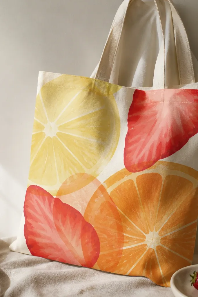 A tote with overlapping fruit slice shapes: lemon, strawberry, and orange. The slices have translucent layers - pale yellow, red, and orange with lighter highlights.