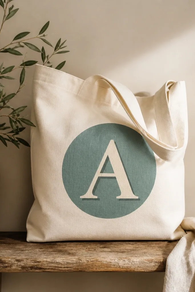 A tote with a large painted circle in muted teal. Inside is a single letter monogram in cream, with a thin darker teal shadow behind the letter.