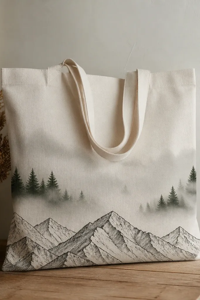 A tote with black line-art mountains across the bottom. Above them, a mist fade in light gray spreads upward like fog, with a few small pine trees in dark green.