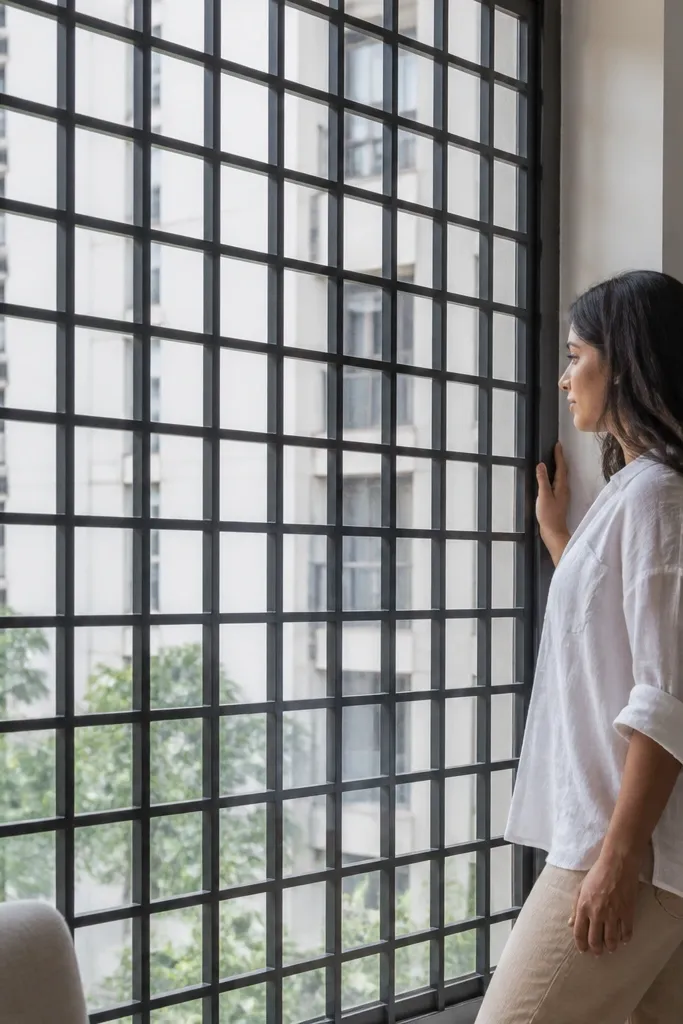 Black window grill with evenly spaced square grid squares