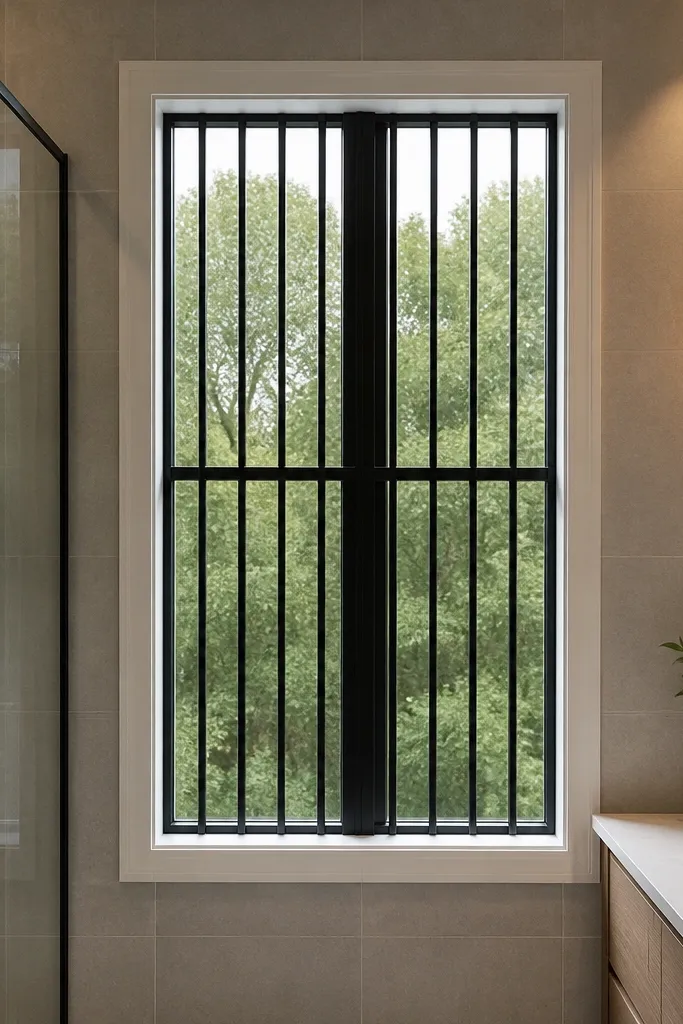 Black grill with tall vertical bars and a single thicker center bar