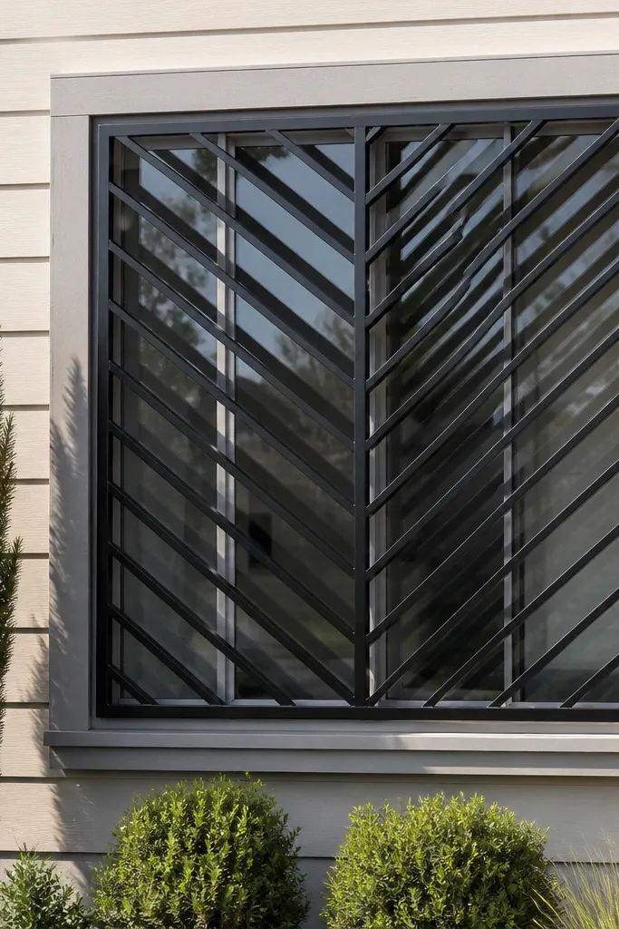 Black grill with repeating chevron V shapes across the window