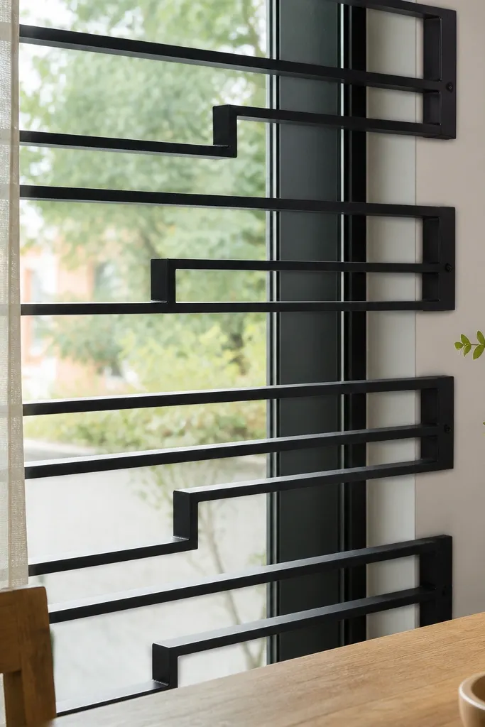 Black grill with staggered horizontal bars and solid end vertical caps