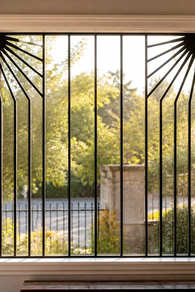 Black grill with sunburst corner lines and straight bars in the center