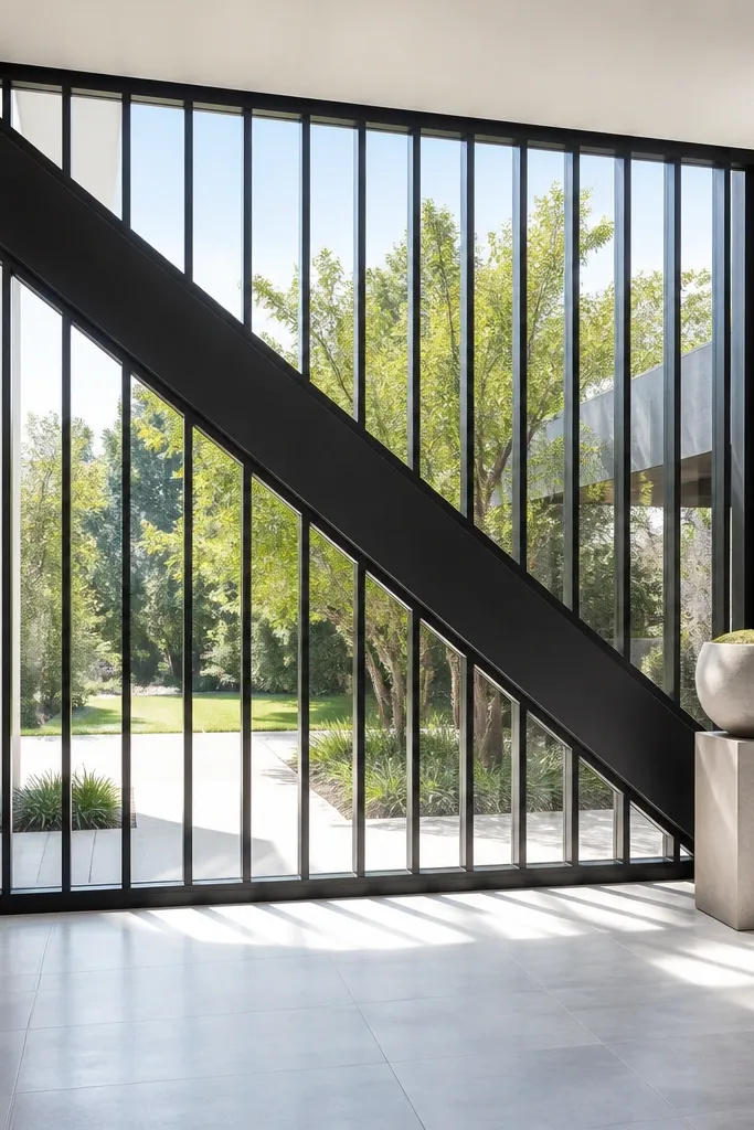 Black grill with a diagonal band and vertical bars underneath