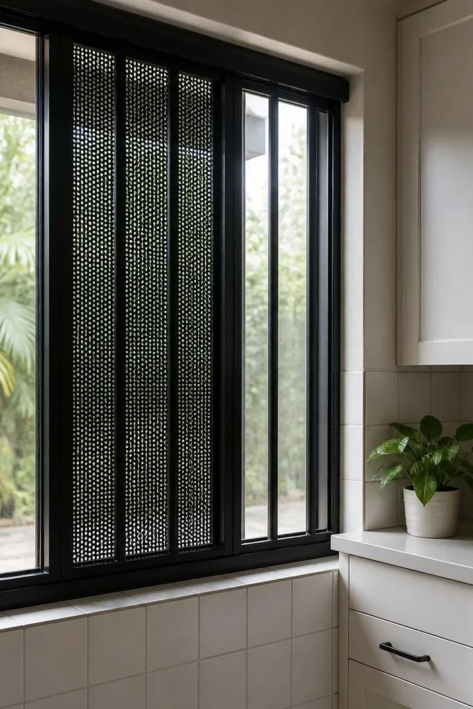 Black grill with vertical bars and a small perforated center panel