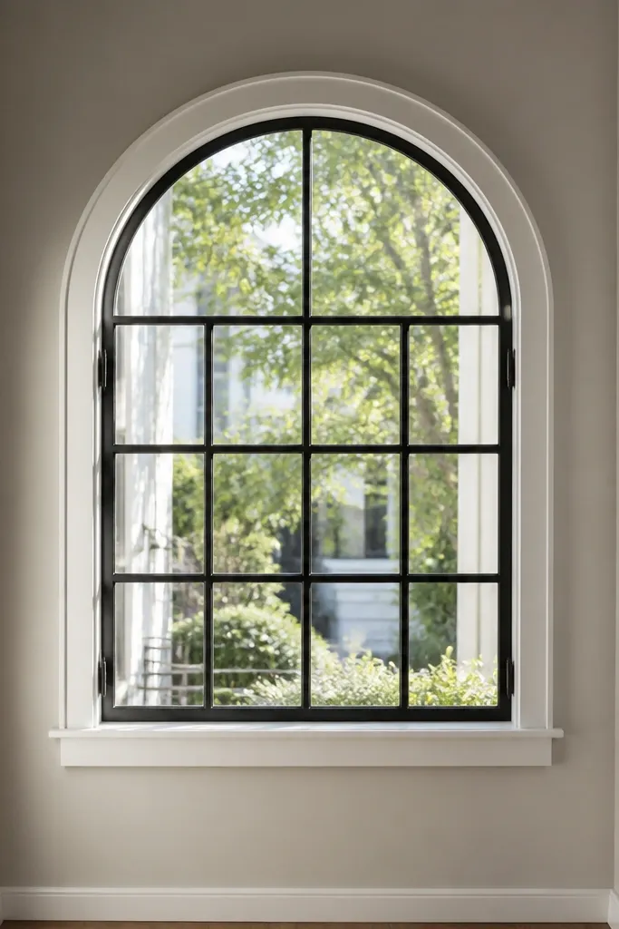 Black grill with an arch at the top and a grid on the lower part