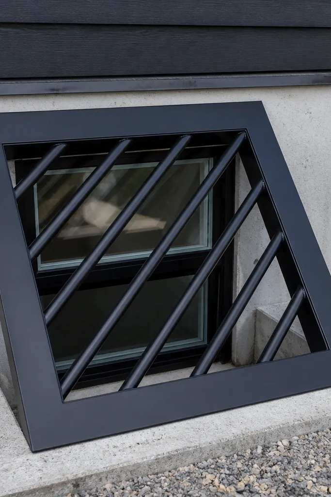 Black grill with diagonal ladder rungs across the window and thick border