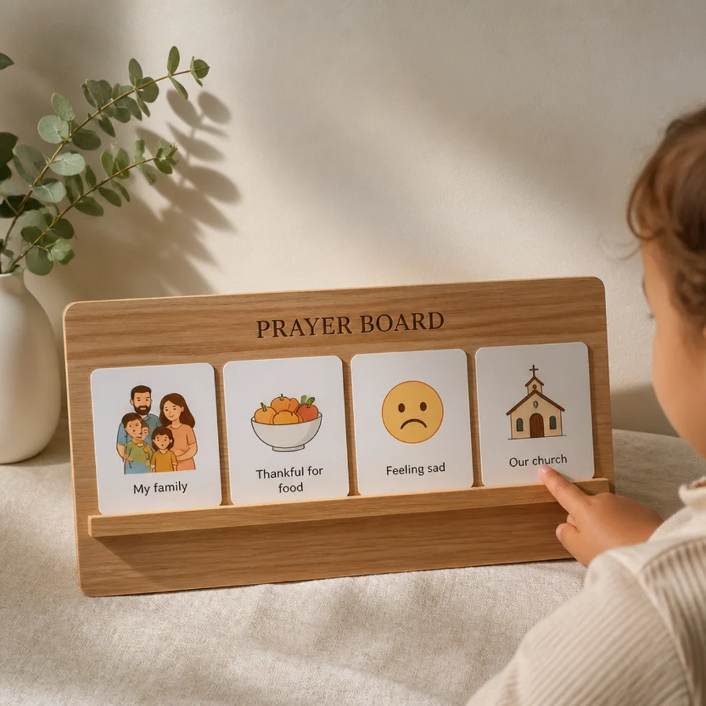 A low board with simple picture cards a child points to - family, food, a sad face, a church.