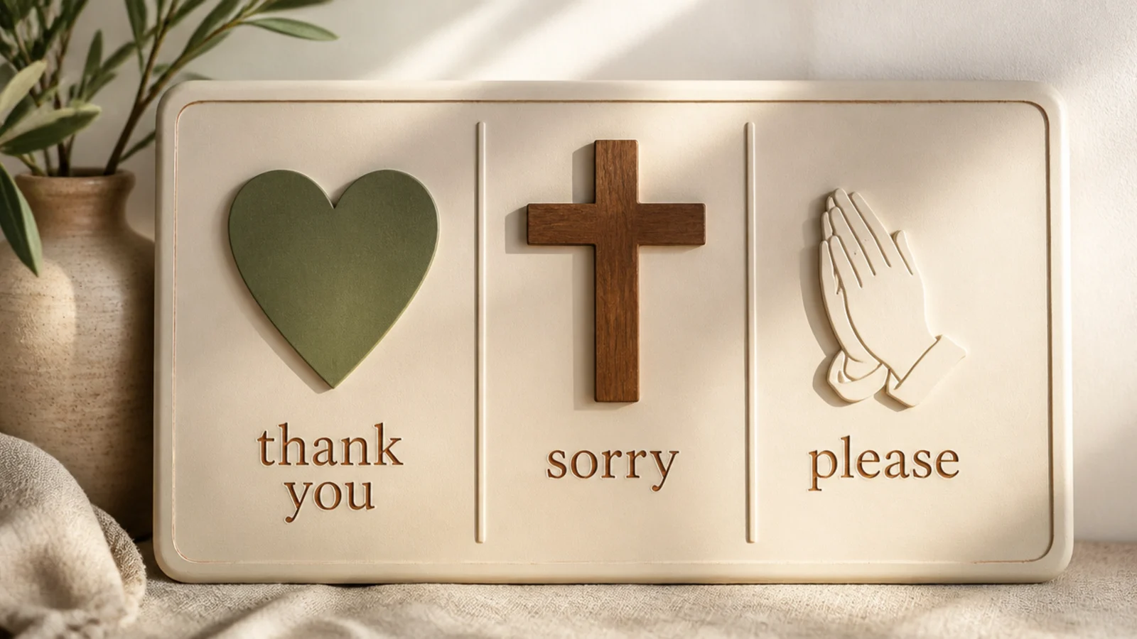 A board with three simple zones - a heart for thank you, a cross for sorry, and hands for please.